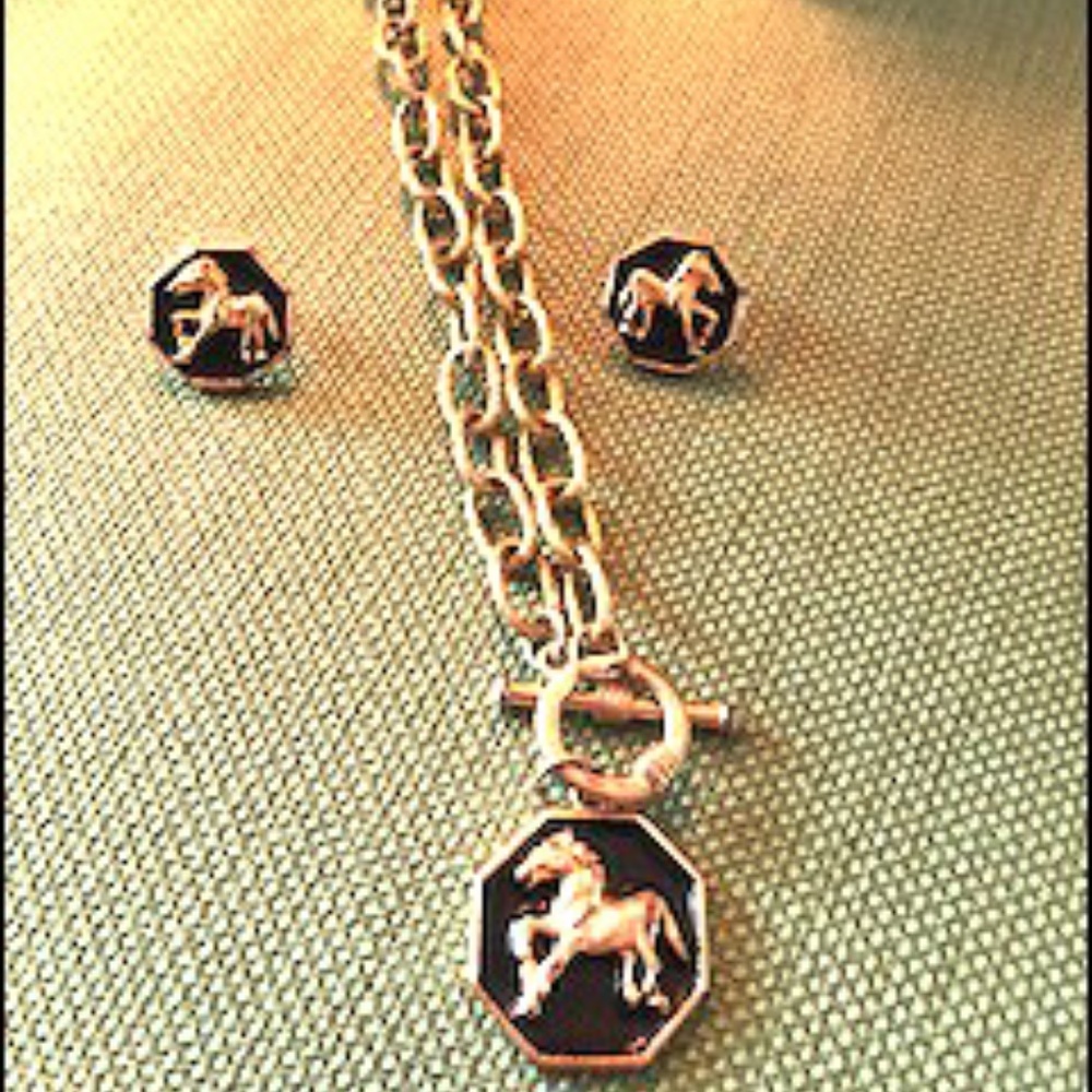 Gold & Black Horse Necklace and Post Earrings